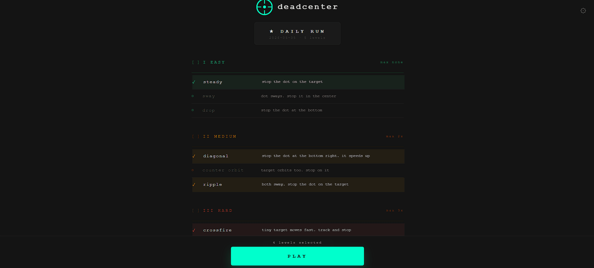 Deadcenter - levels selected